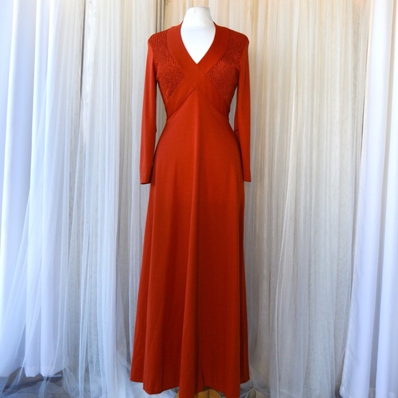 Dresses & Skirts - Vintage union made rust Orange Long Sleeve V-Neck Gown for Weddings large